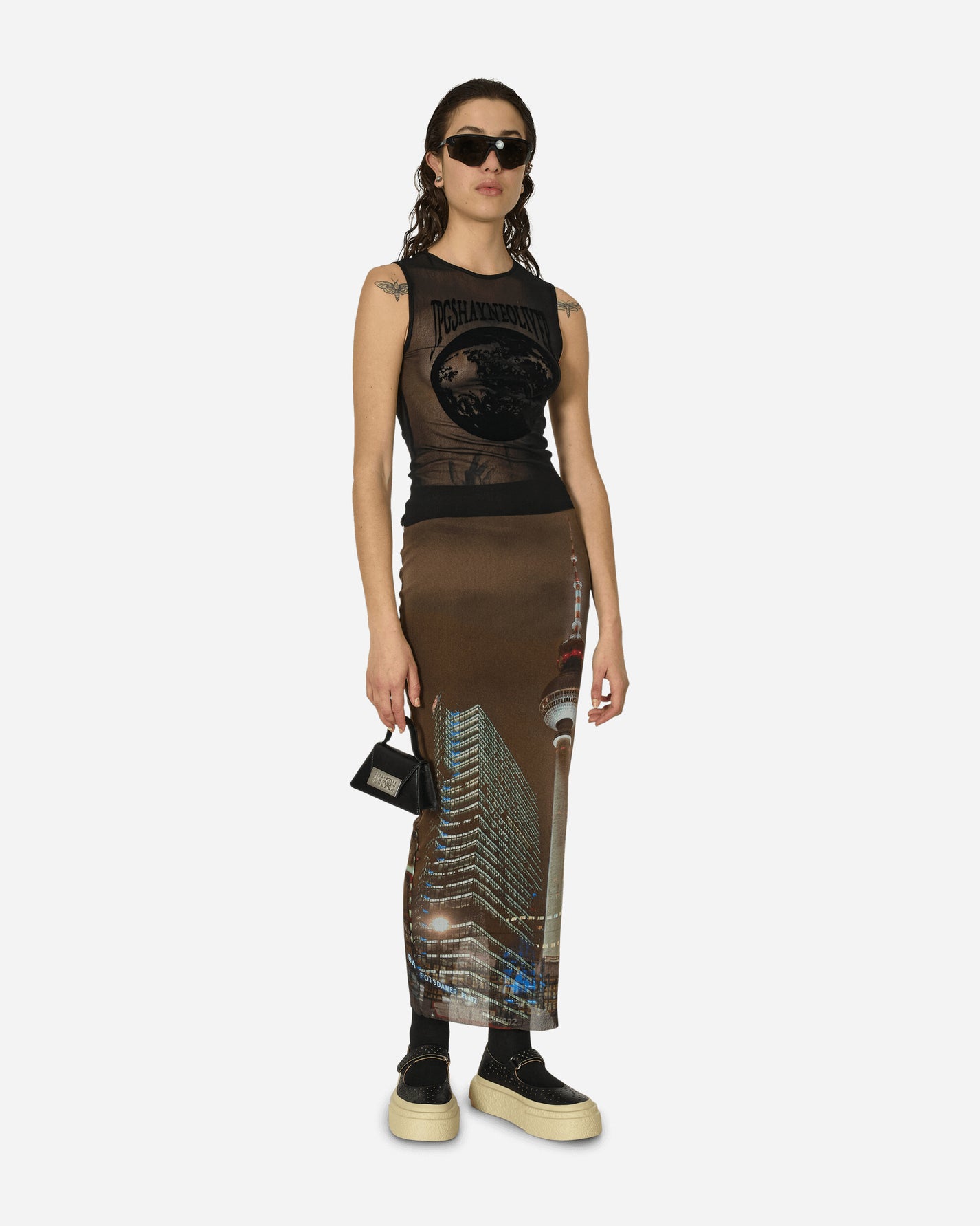 Jean Paul Gaultier Wmns Mesh Tank Top Flocked Earth Black T-Shirts Cropped DB033I-T001 0000