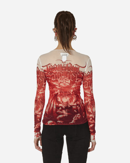 Jean Paul Gaultier Wmns Mesh Long Sleeves Top Printed Diablo White/Red T-Shirts Longsleeve U-TO137-T546 0130