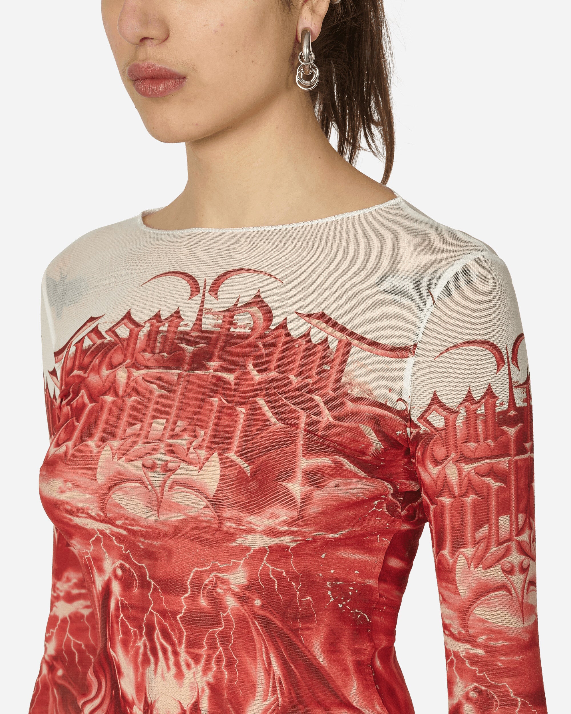 Jean Paul Gaultier Wmns Mesh Long Sleeves Top Printed Diablo White/Red T-Shirts Longsleeve U-TO137-T546 0130