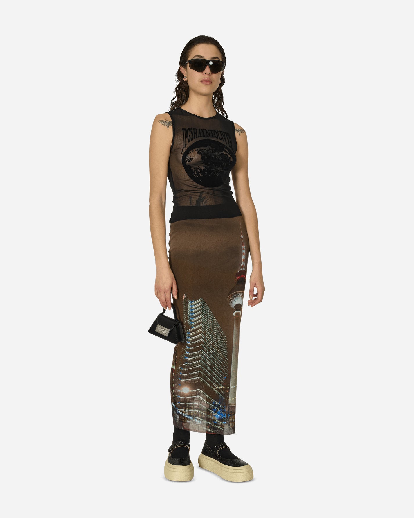 Jean Paul Gaultier Wmns Mesh Long Skirt Printed City Brown/Green Skirts Midi JU097-T551 60405030