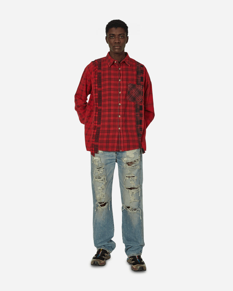 Needles Flannel Shirt -> 7 Cuts Wide Shirt / Over Dye Red Shirts Longsleeve Shirt NS305 A002