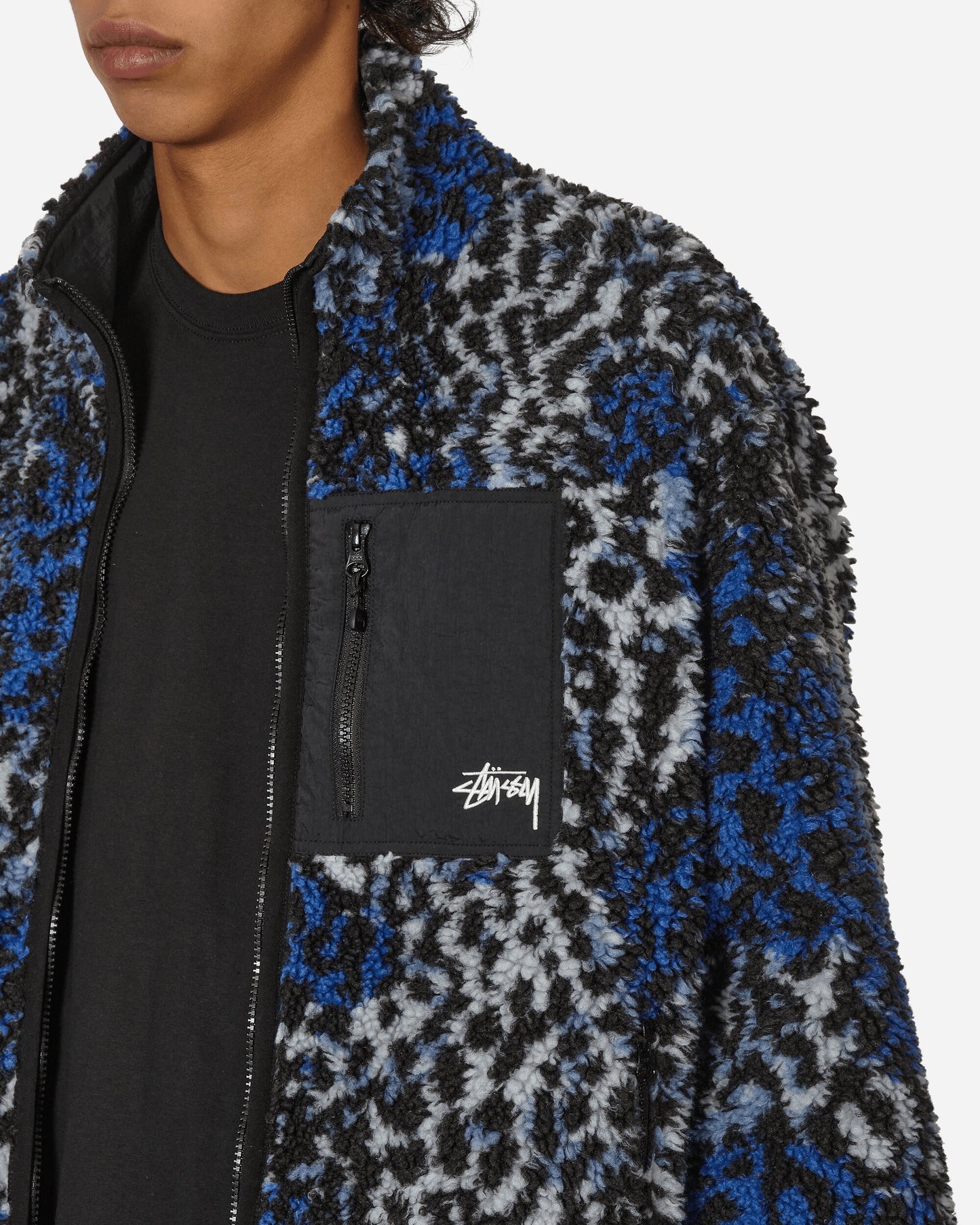 Stüssy Sherpa Reversible Jacket Blue Leopard Coats and Jackets Fleece Jackets H118529 BLUL