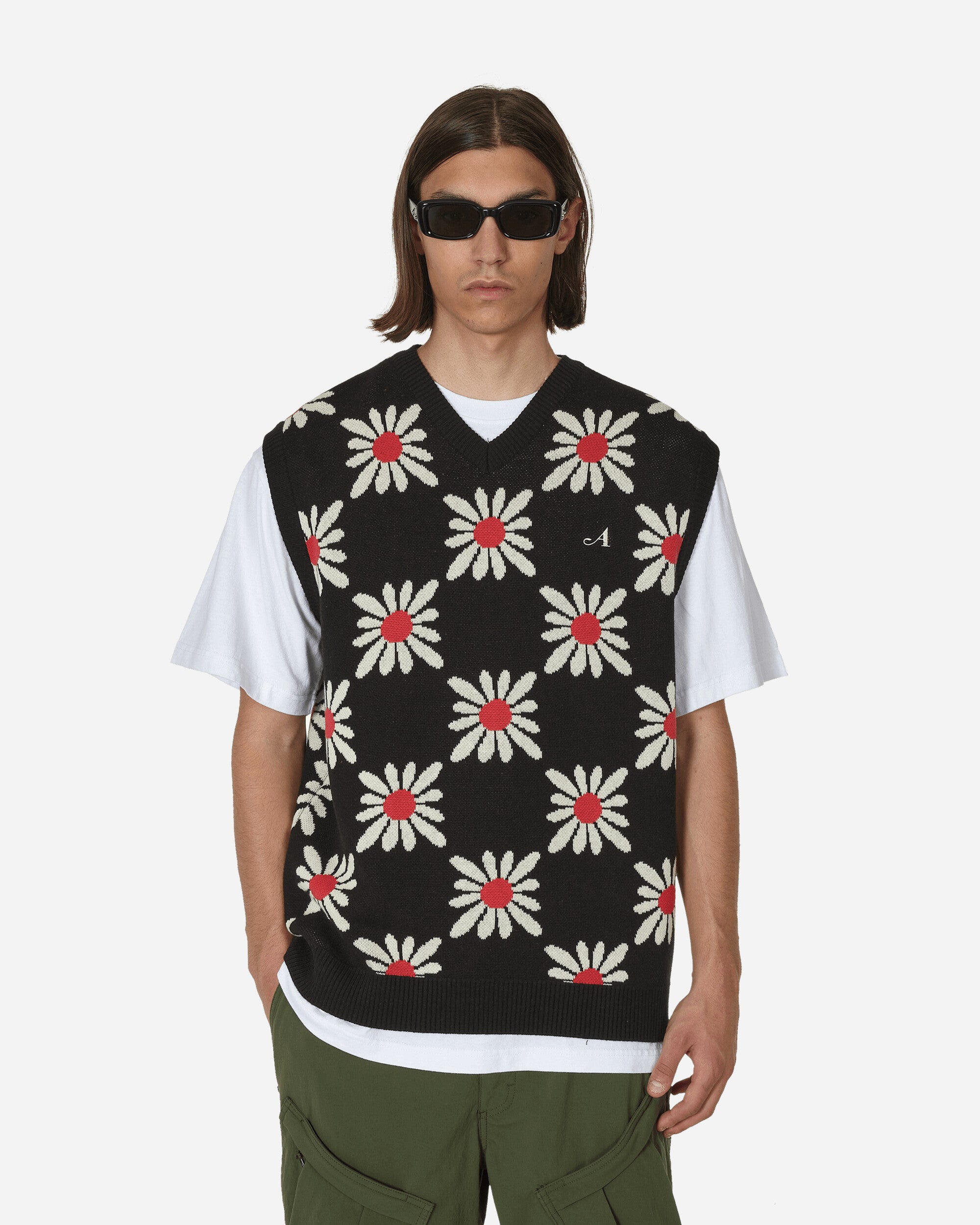 Checkered Floral Sweater Vest Black