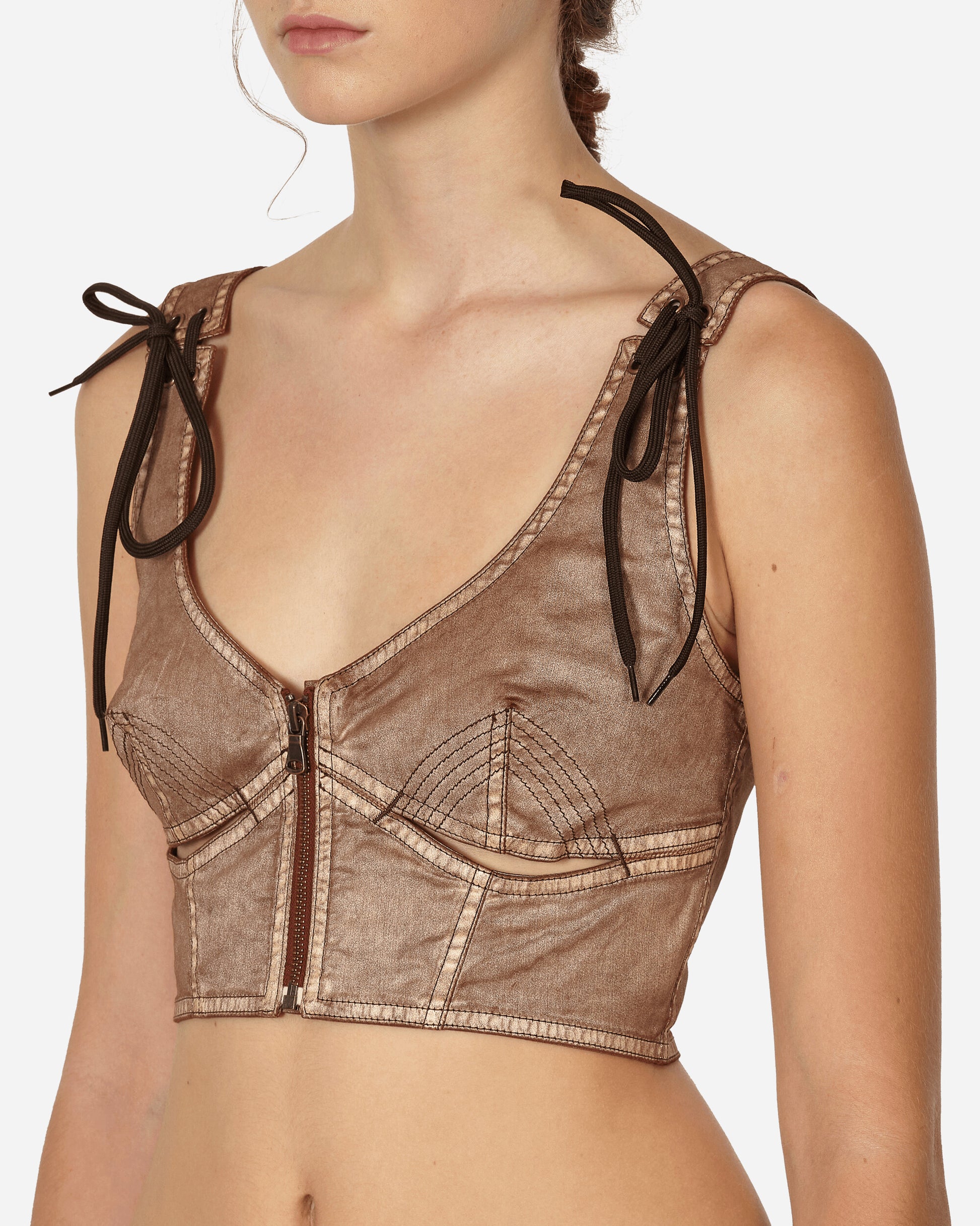 Jean Paul Gaultier Wmns Knwls Laced Cropped Top Sleeveless Brown/Ecru T-Shirts Top 2314-F-TO101TP-D005 6003