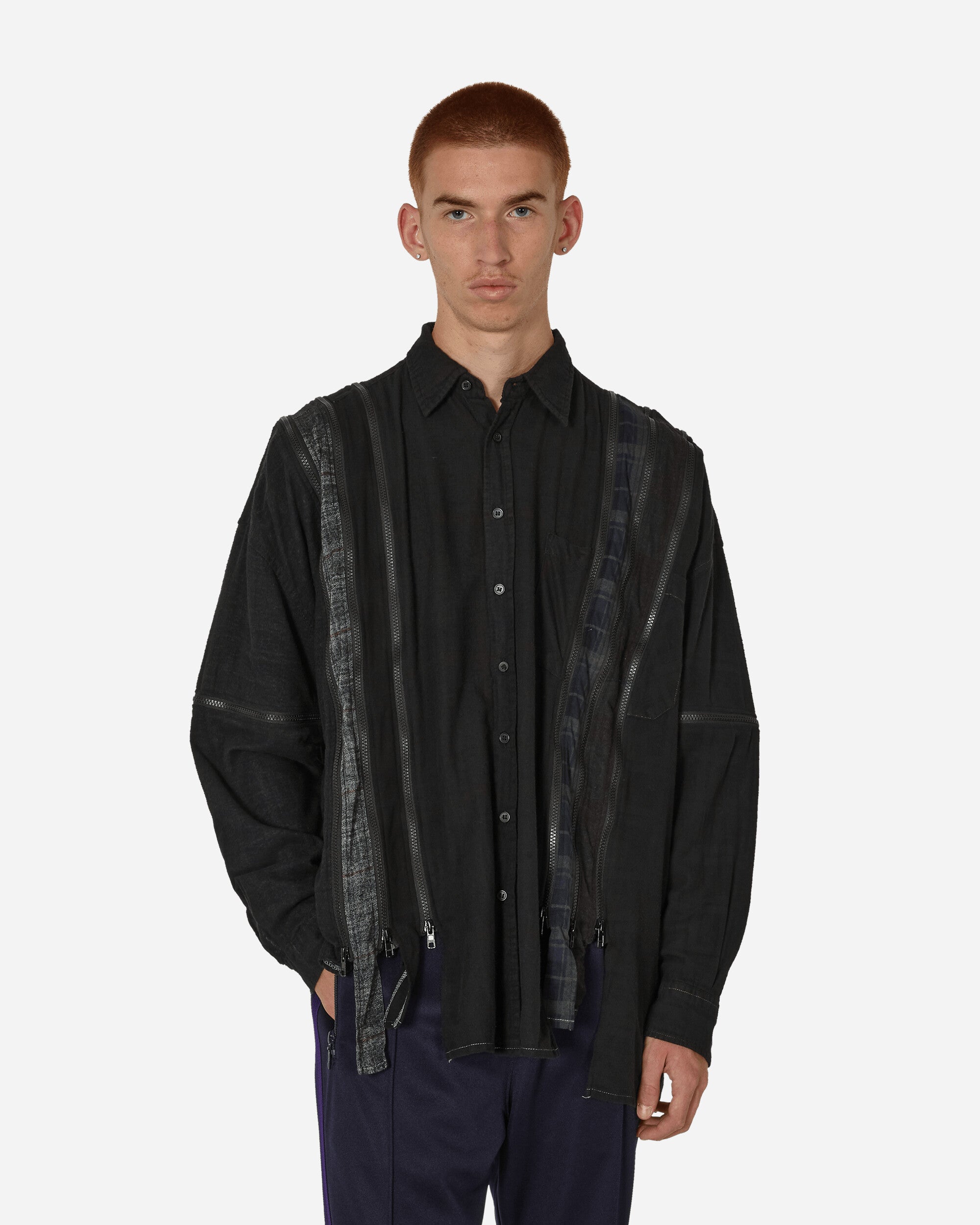 7 Cuts Over Dye Zipped Wide Flannel Shirt Black