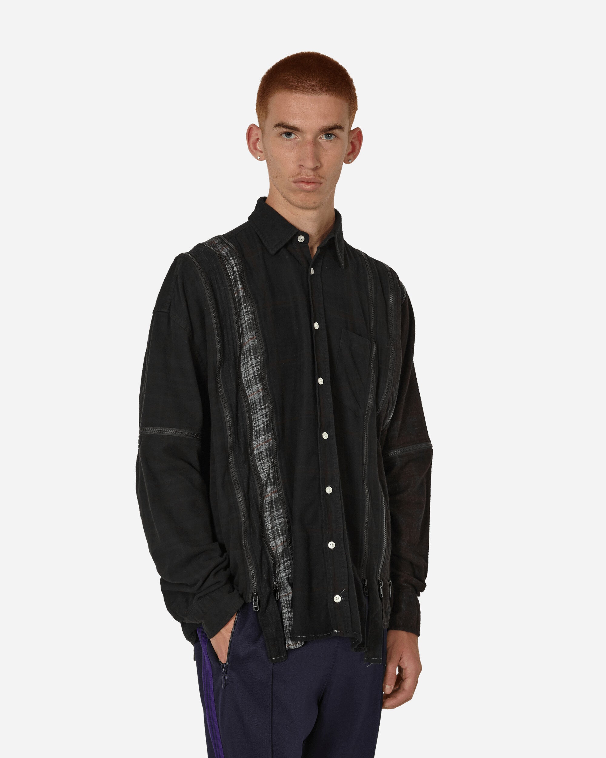 7 Cuts Over Dye Zipped Wide Flannel Shirt Black